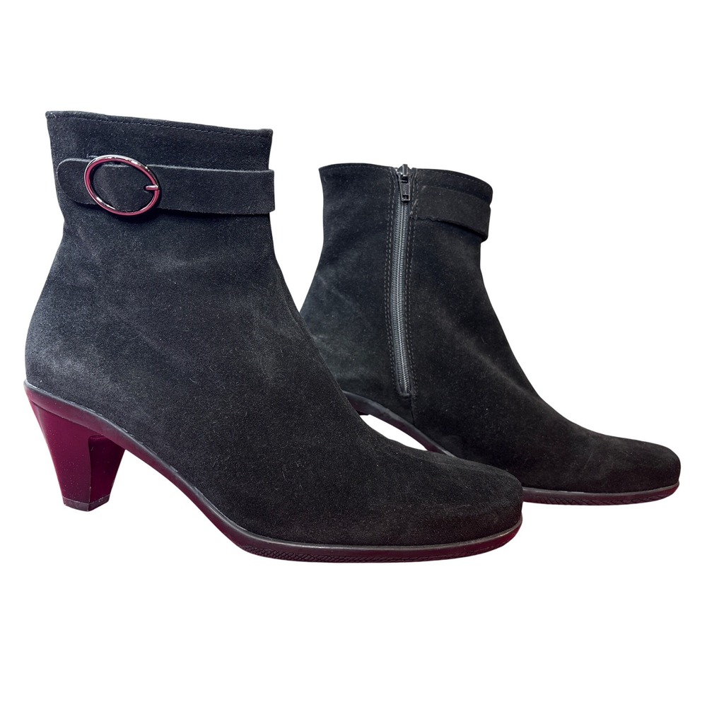 La CANADIENNE Womens Black Suede Cone Heel Ankle Boots Side Zip Sz 10 Luxe Chic